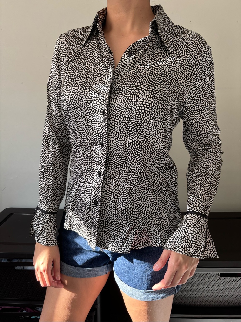 Y2K Whimsygoth Black & White Silk Polka Pebble Dot Bell Sleeves Office Top Small